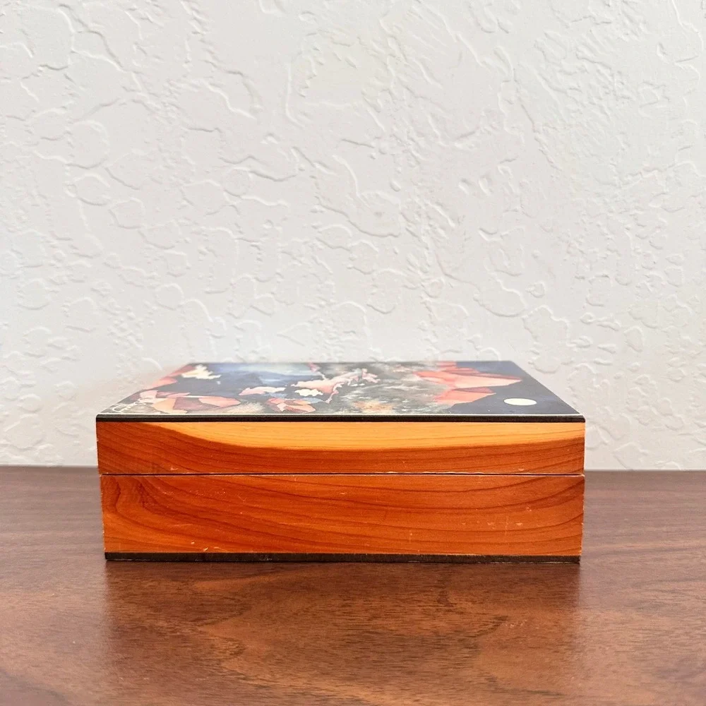 VTG Wooden Jewelry Box With Watercolor Art 